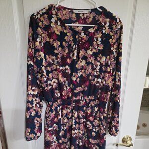 Lightweight Knee Length, Long Sleeve Dress. Navy Blue with Floral Print. L